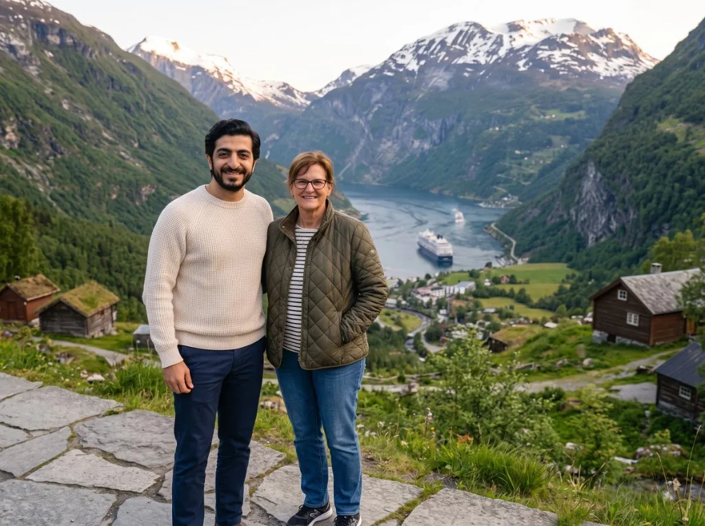 Sultan Rashid Abdullah Rashid Al Shene standing with a companion at a viewpoint above a fjord and snowy mountains in Norway