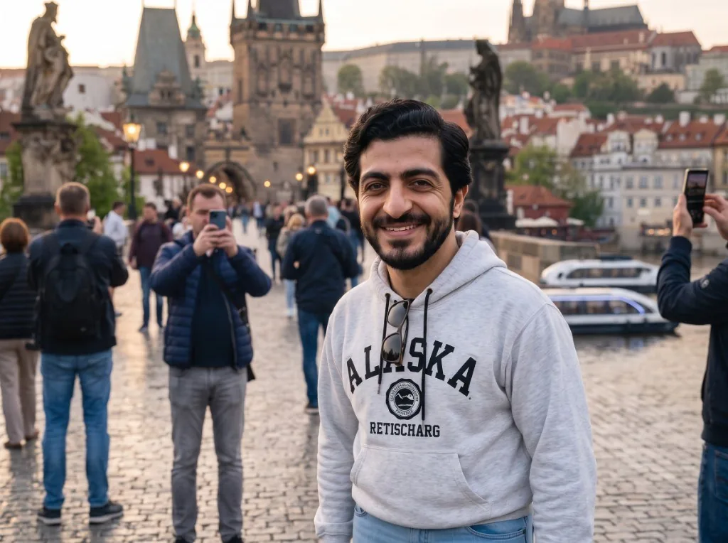 Sultan Rashid Abdullah Rashid Al Shene smiling in a grey hoodie on Charles Bridge, Prague, with the bridge tower and visitors behind him