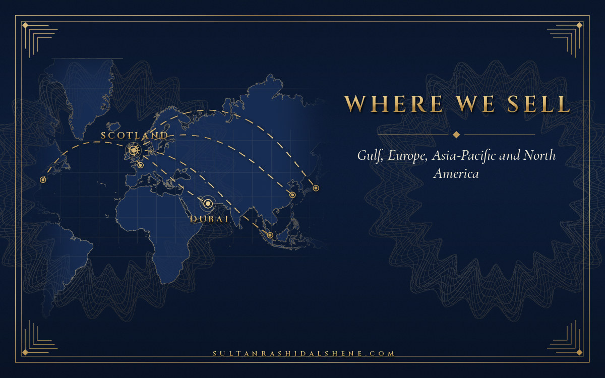 Code-drawn navy and gold card titled Where We Sell: a gold line world map with dashed routes from Scotland to the Gulf, Europe, Asia-Pacific and North America